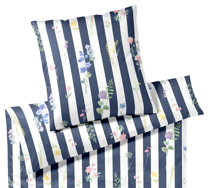 Mako Satin Bettwäsche Flowerstripe mit Blumen und Blockstreifen