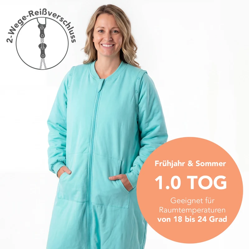 Schlafsack mit Füßen für Erwachsene mit umklappbaren Bündchen und Ärmeln, 1.0 TOG