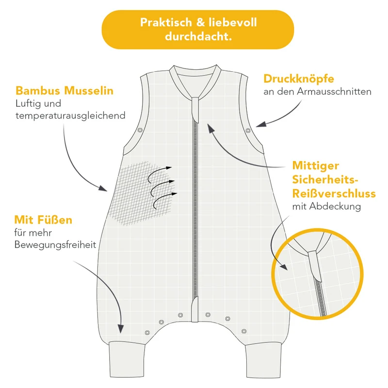 Musselin Schlafsack mit Füßen, 0.5 TOG