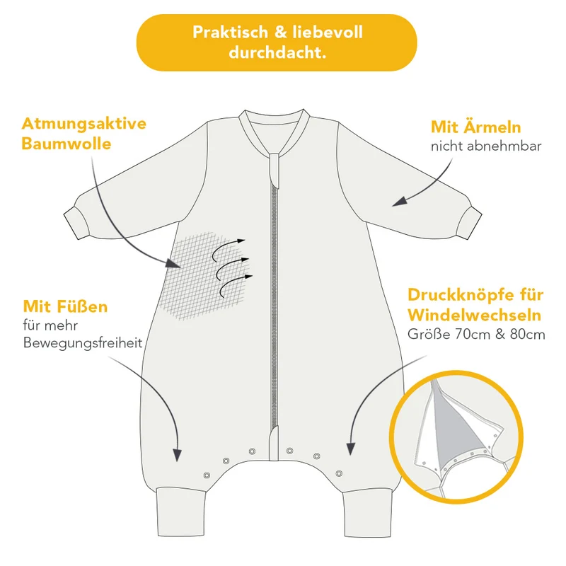 Bio Schlafsack mit Füßen und umklappbaren Bündchen 3.5 TOG