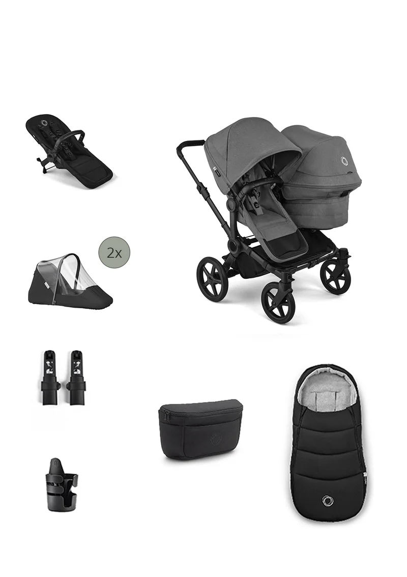 'Donkey 6 Double' Bundle – Unverzichtbares Kinderwagen-Set Moon Grey
