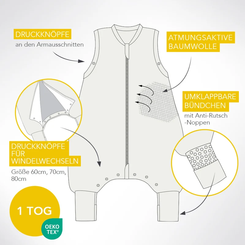 Bio Schlafsack mit Füßen und umklappbaren Bündchen 1.0 TOG