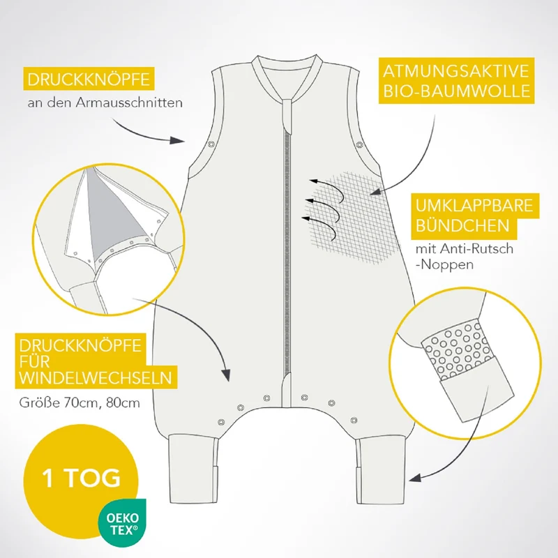 Bio Schlafsack mit Füßen und umklappbaren Bündchen 1.0 TOG