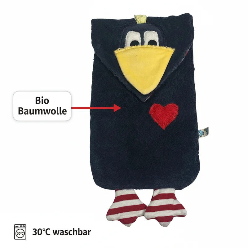 Bio Wärmflasche Rabe aus Bio-Baumwolle – 800ml Naturkautschuk