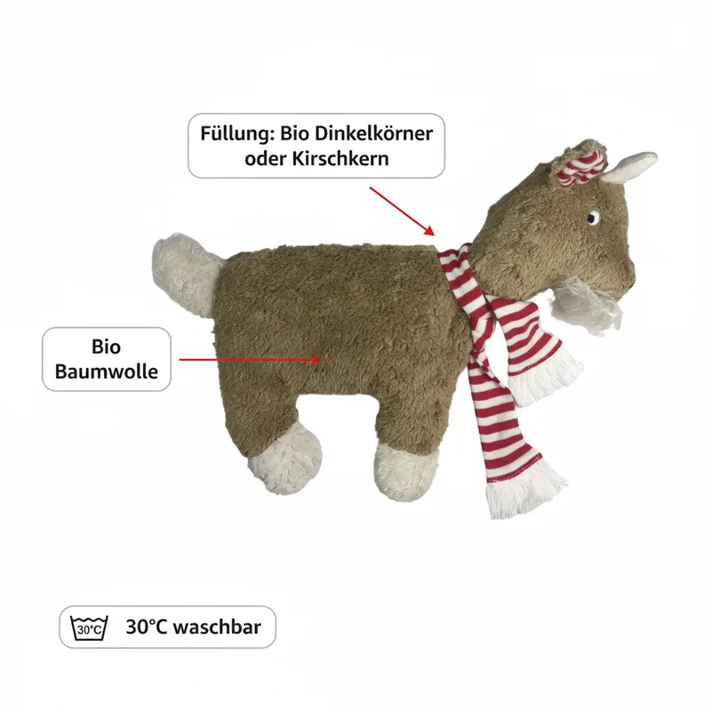 Bio Wärmekissen Ziege aus Bio-Baumwollplüsch – Dinkel oder Kirschkern