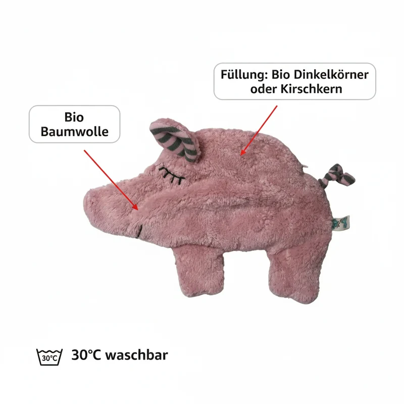 Bio Wärmekissen Schwein aus Bio-Baumwolle – Dinkel oder Kirschkern