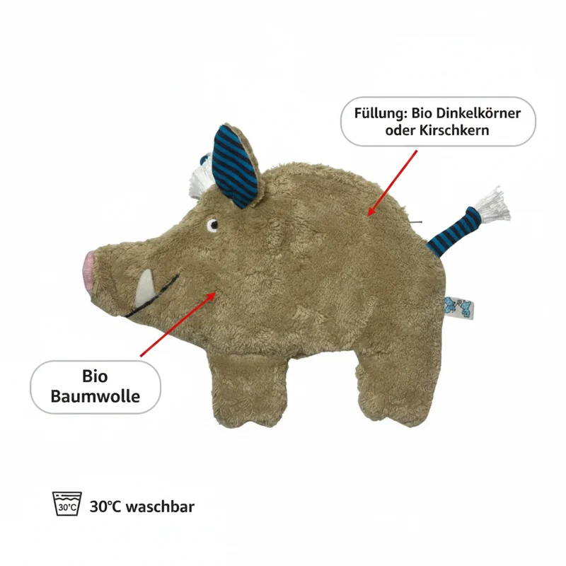 Bio Wärmekissen Wildschwein aus Bio-Baumwolle – Dinkel oder Kirschkern