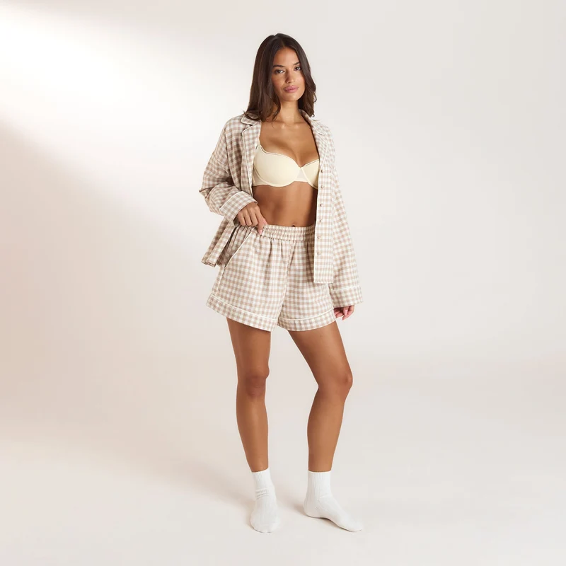 Gingham Pyjama Shorts - Beige