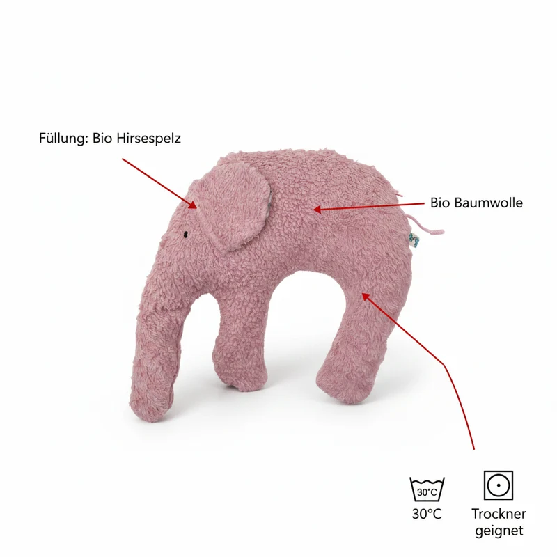 Bio Kuschelkissen Elefant aus Baumwolle – Spelzfüllung, GOTS