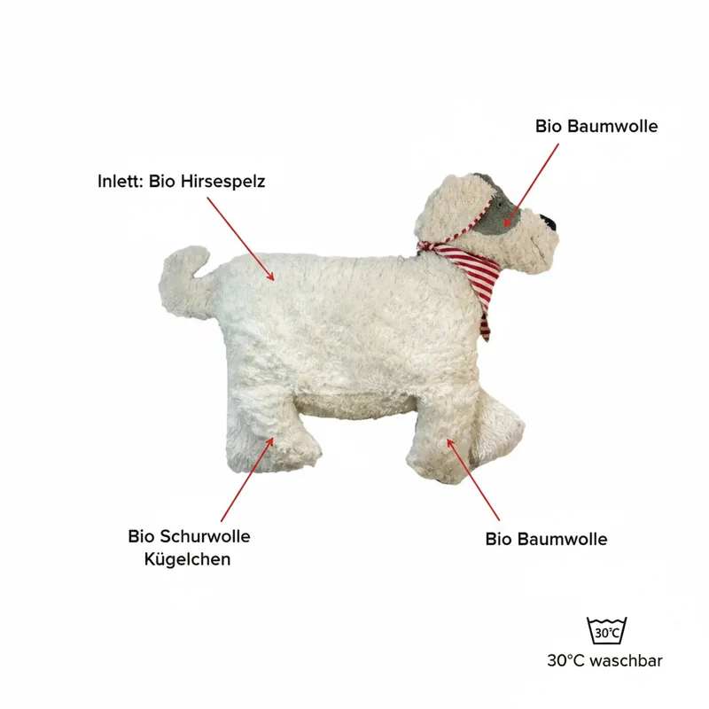 Bio Kuschelkissen Hund aus Baumwolle – Spelzfüllung, GOTS