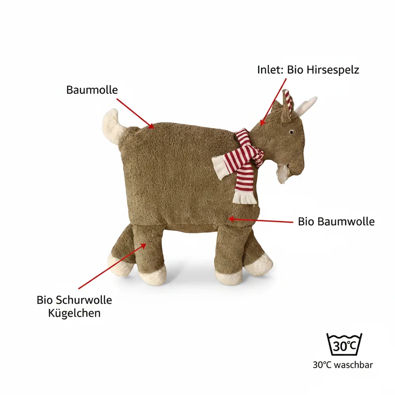 Bio Kuschelkissen Ziege aus Baumwolle – Spelzfüllung, Bio