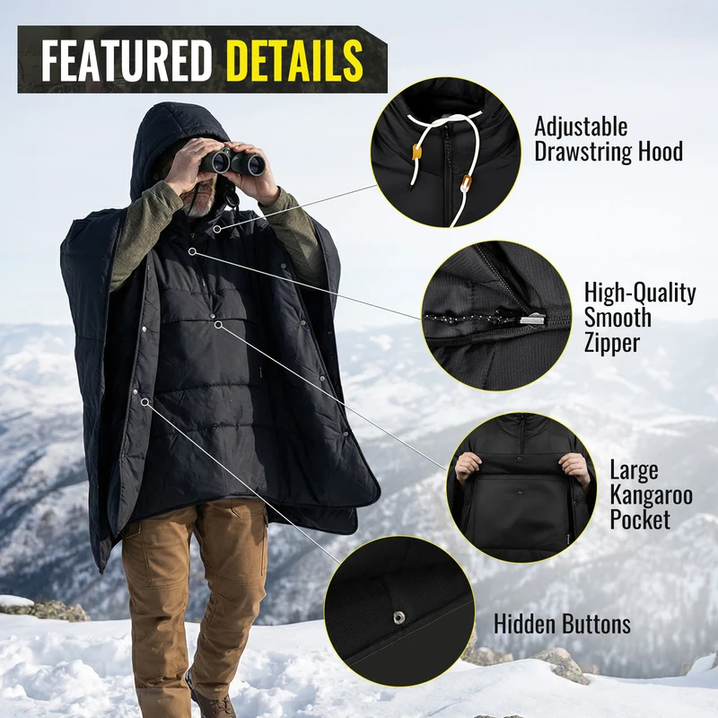 MURANO 180 Wearable 3-in-1 Convertible Camping Poncho with Kangaroo Pocket