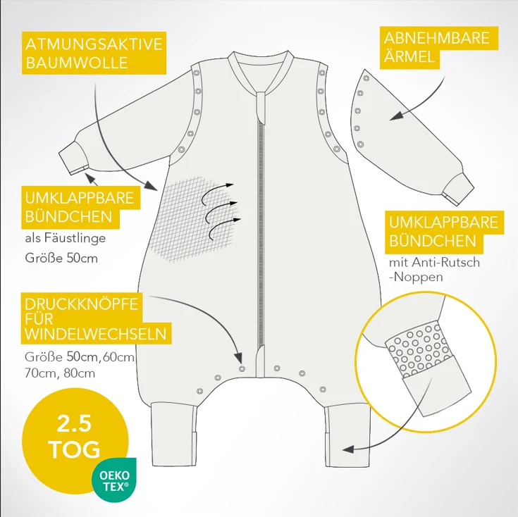 Schlafsack mit Füßen und umklappbaren Bündchen, 2.5 TOG