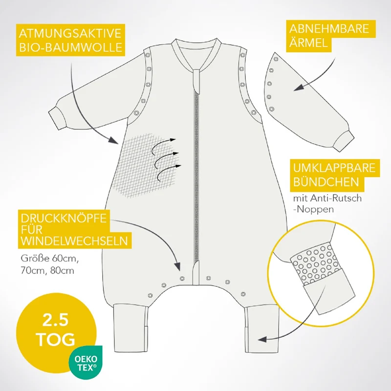 Bio Schlafsack mit Füßen und umklappbaren Bündchen 2.5 TOG