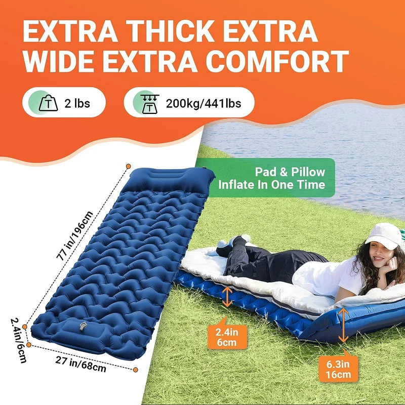 Inflatable Sleeping Pad with Pillow & Built-in Pump