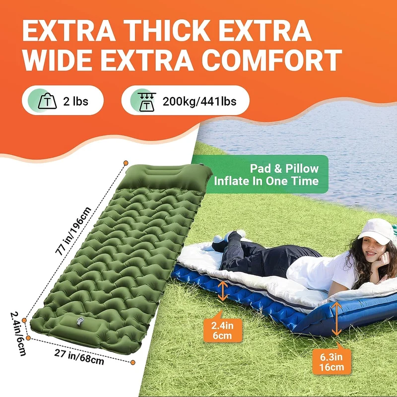 Inflatable Sleeping Pad with Pillow & Built-in Pump
