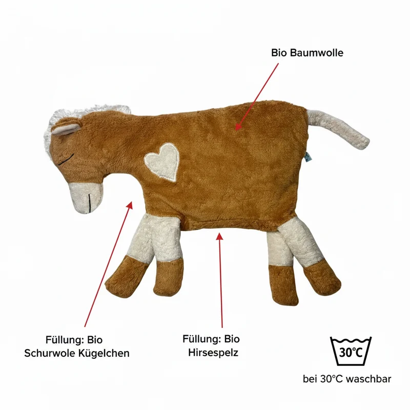 Bio Kuschelkissen Pferd aus Baumwolle – Spelzfüllung, GOTS