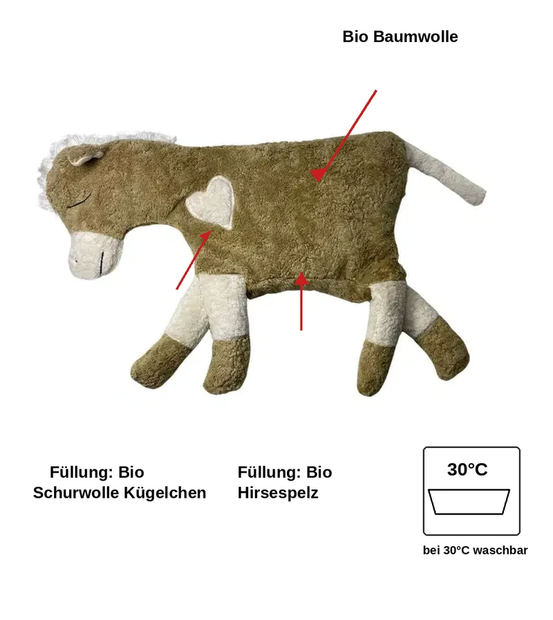 Bio Kuschelkissen Pferd aus Baumwolle – Spelzfüllung, GOTS