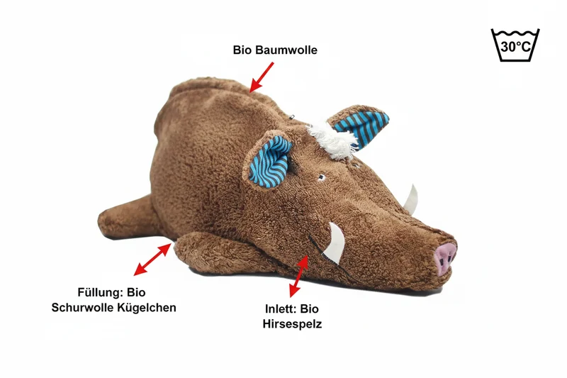 Bio Kuschelkissen Wildschwein aus Baumwolle – Spelzfüllung, GOTS