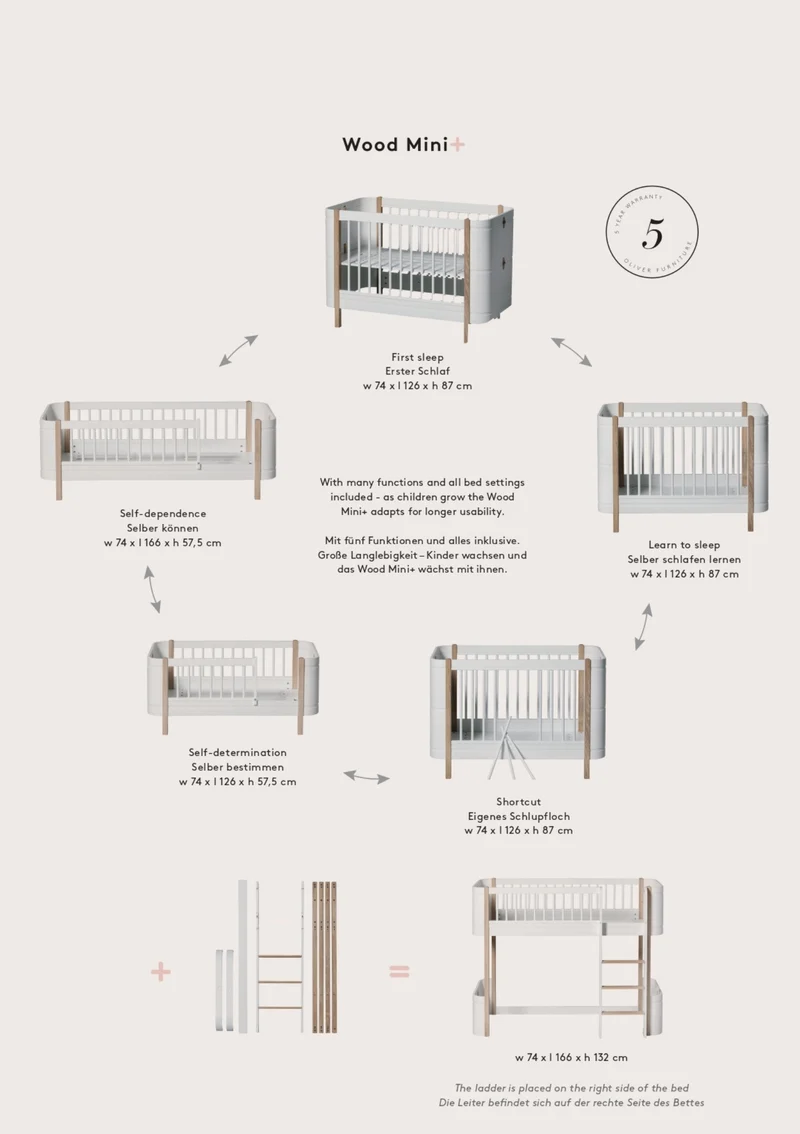 Babybett 'Wood Mini+' Eiche 122-162 x 68 cm