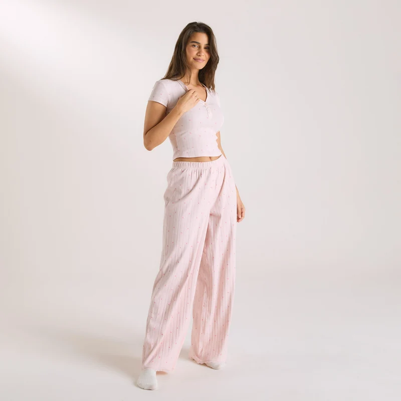 Pointelle Pyjama-Oberteil - Florales Rosa