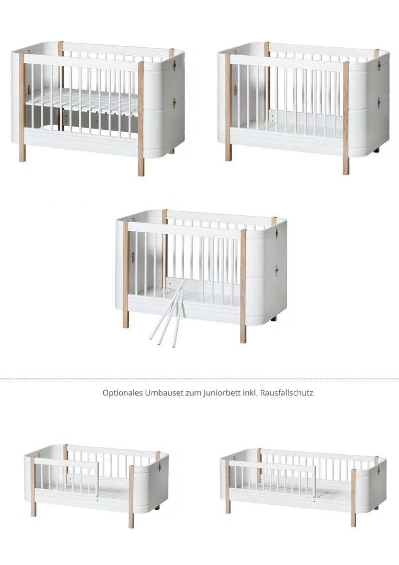Babybett 'Wood Mini+' Weiß / Eiche 122-162 x 68 cm