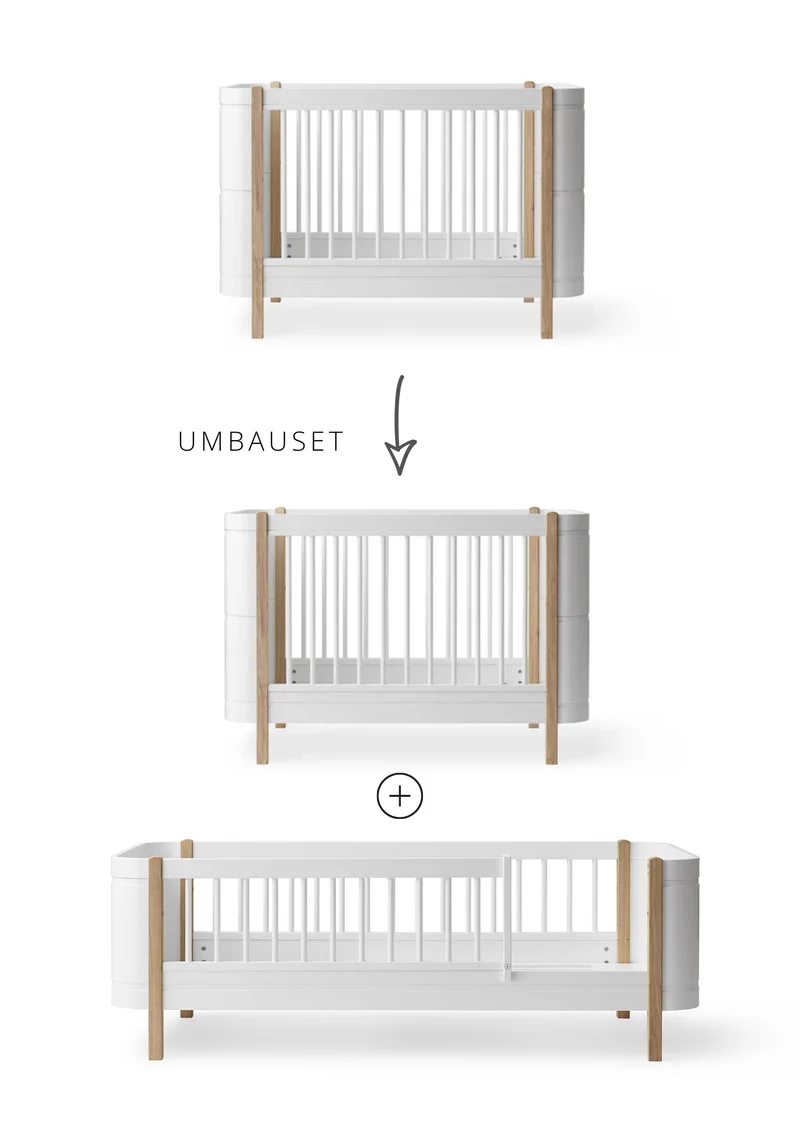 Geschwisterset für 'Wood Mini+' Babybett inkl. Junior-Erweiterung zu zwei Betten Weiß / Eiche