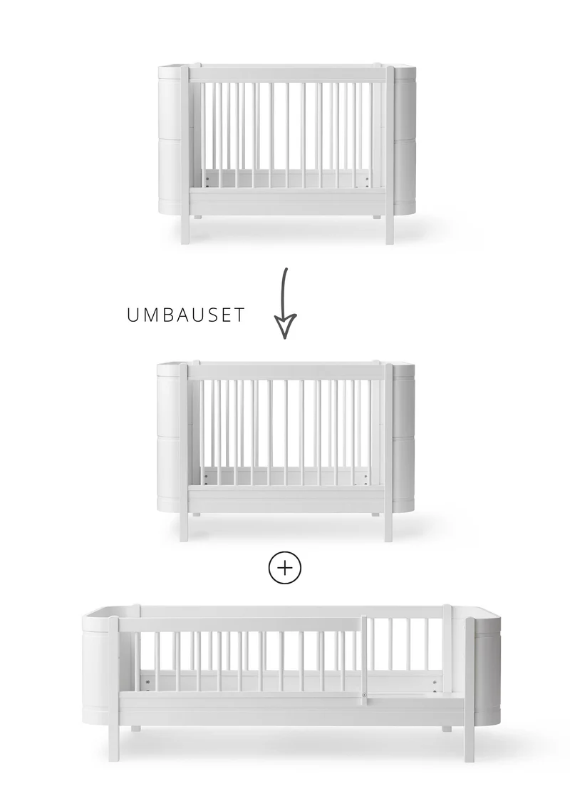 Geschwisterset für 'Wood Mini+' Babybett inkl. Junior-Erweiterung zu zwei Betten Weiß