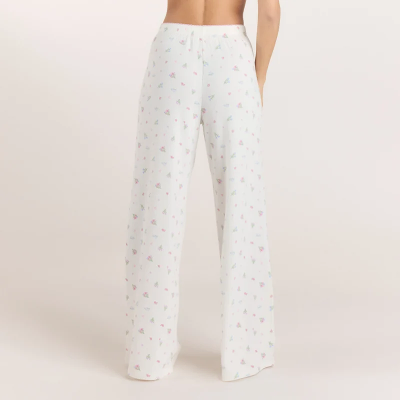 Gerippte Pyjamahosen - Florales Weiß