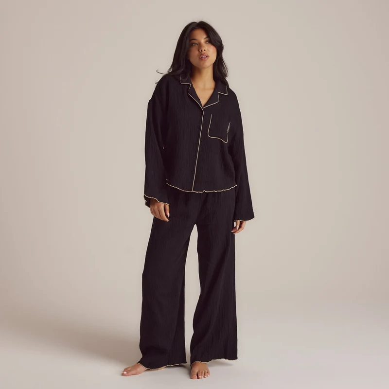 Crinkle Pyjamahemd - Schwarz