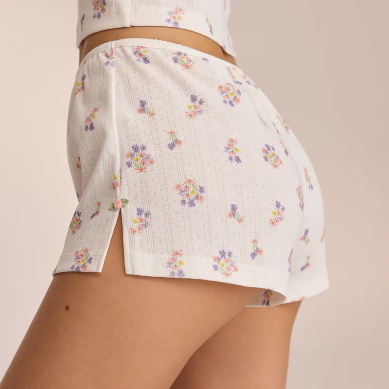 Pointelle Pyjamashorts - Florales Weiß