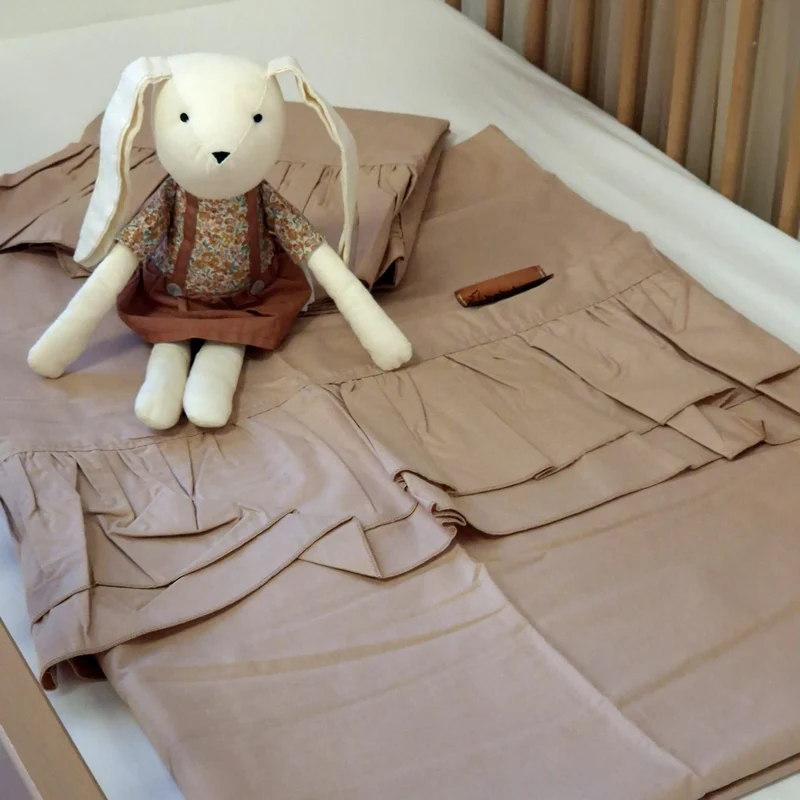 Bettwäsche mit doppelten XL-Rüschen | Baumwolle | Beige | 100 x 135/60 x 40 cm & 160 x 200/80 x 80cm