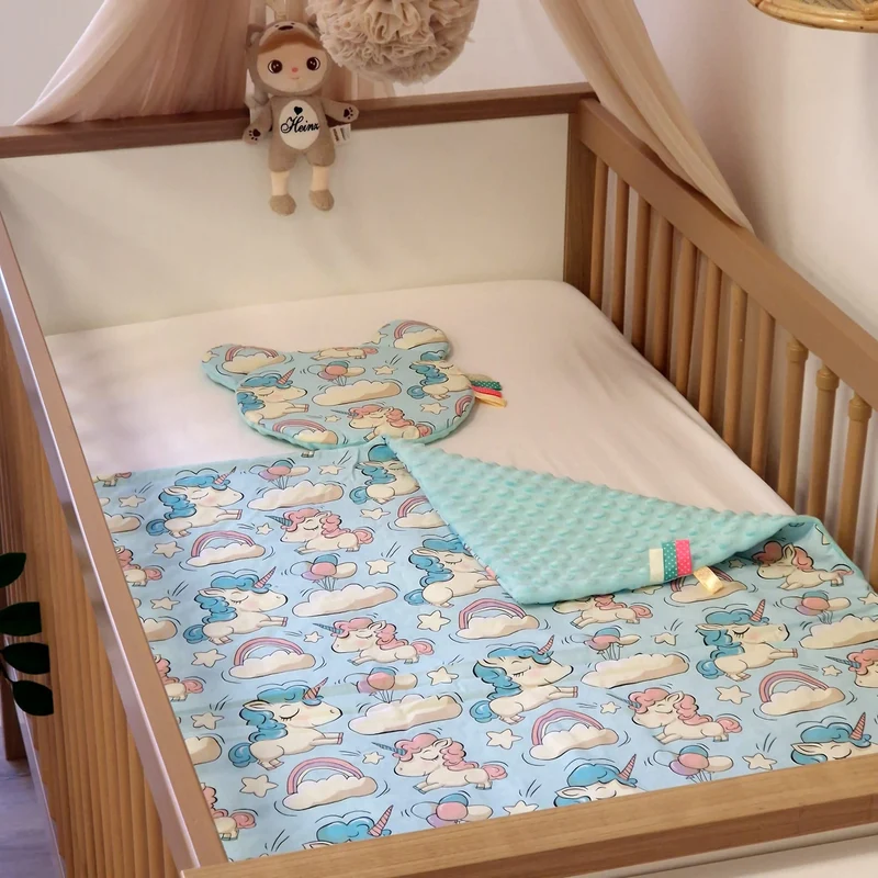 Decke mit Kissen im Set | Minky Mint mit Baumwolle Einhorn
