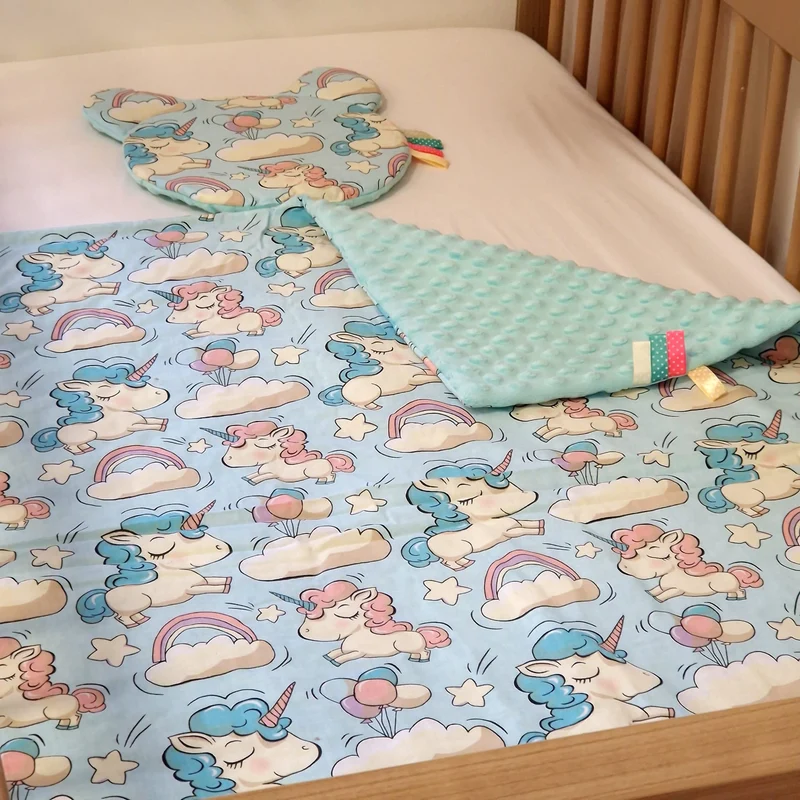 Decke mit Kissen im Set | Minky Mint mit Baumwolle Einhorn