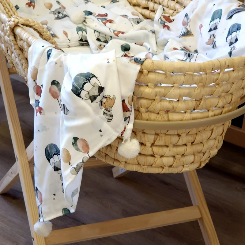 Sommerdecke mit Bommelchen inkl. flaches Kissen | Bambusstoff | Waschbärchen