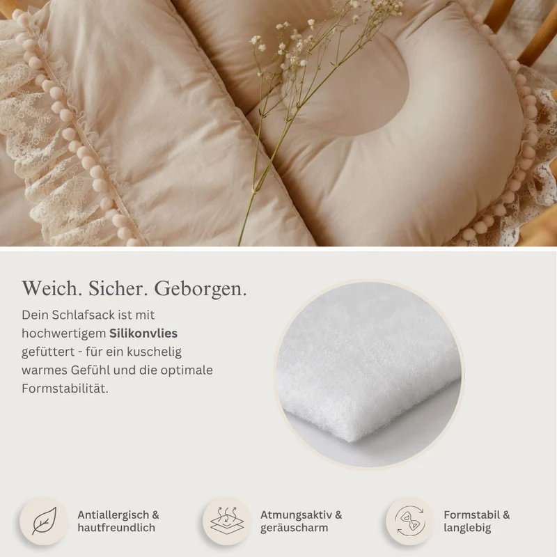 Premium Babyschlafsack Delicious mit Spitze & Bommelchen | Baumwolle