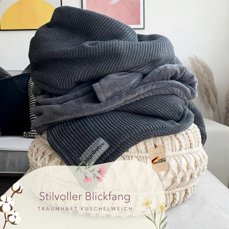 Kuscheldecke mit Baumwollstrick · Dunkelgrau