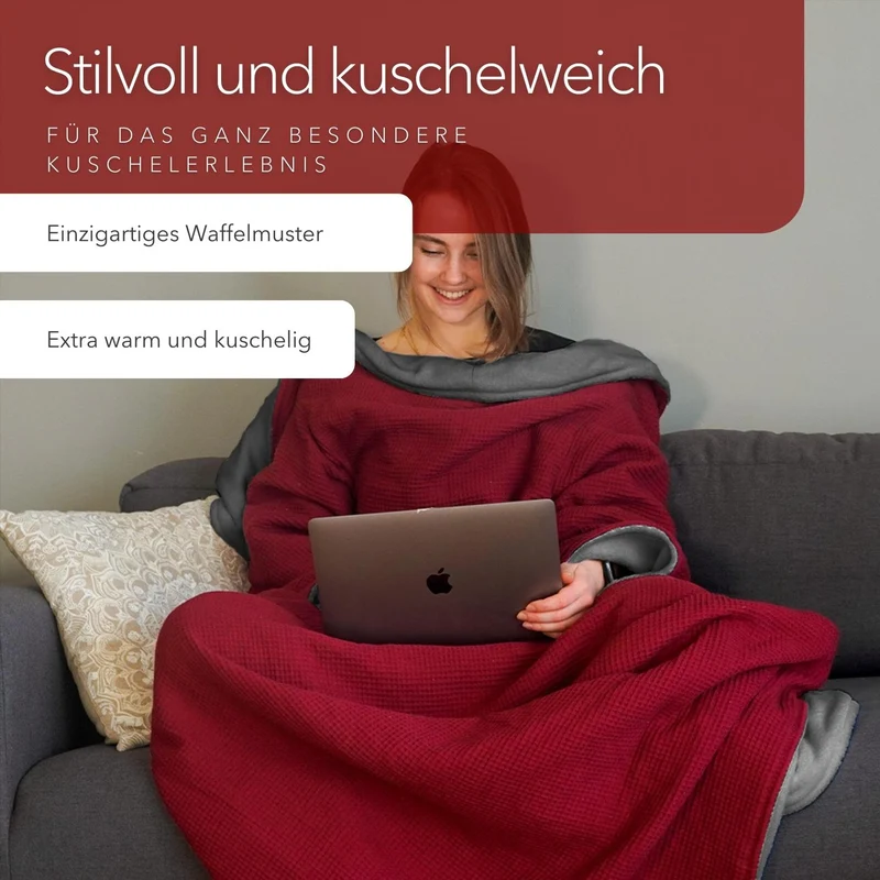 Kuscheldecke mit Ärmeln · Vollkommen · Weinrot · Stahlgrau