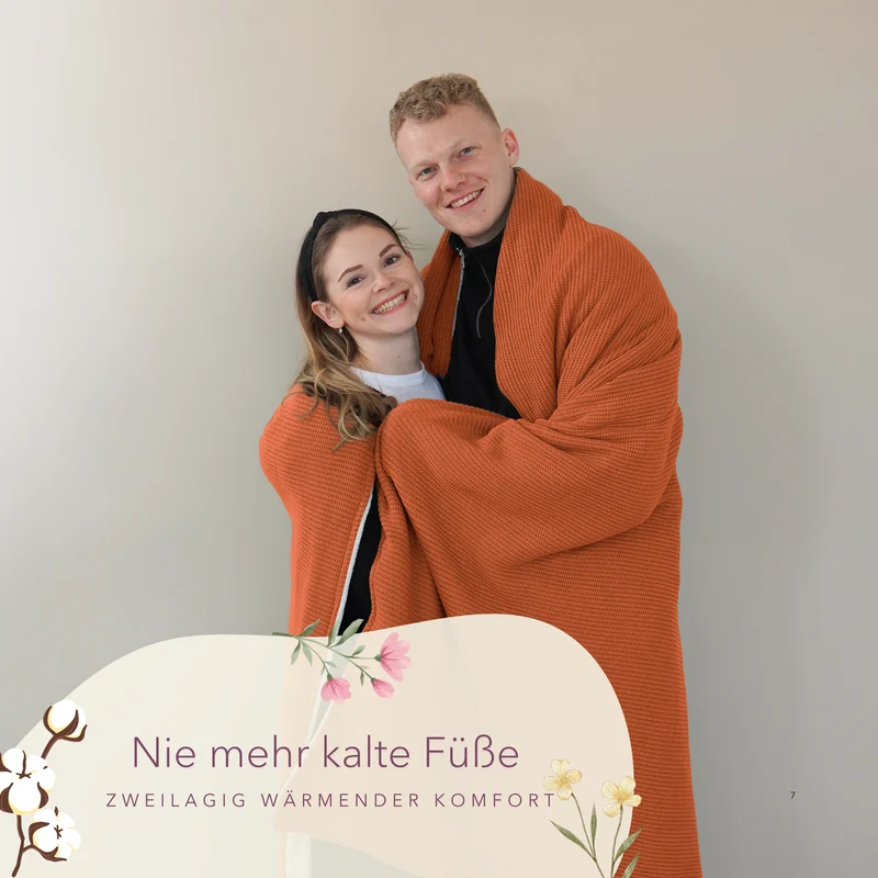 Kuscheldecke mit Baumwollstrick · Cognac·Beige