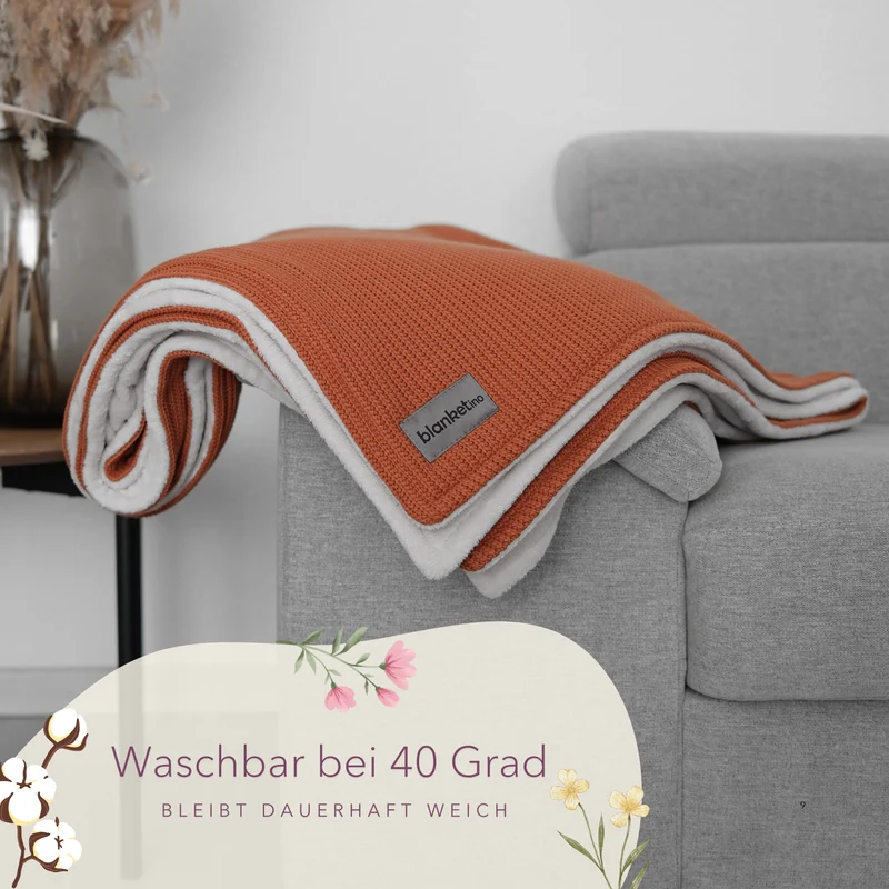 Kuscheldecke mit Baumwollstrick · Cognac·Beige
