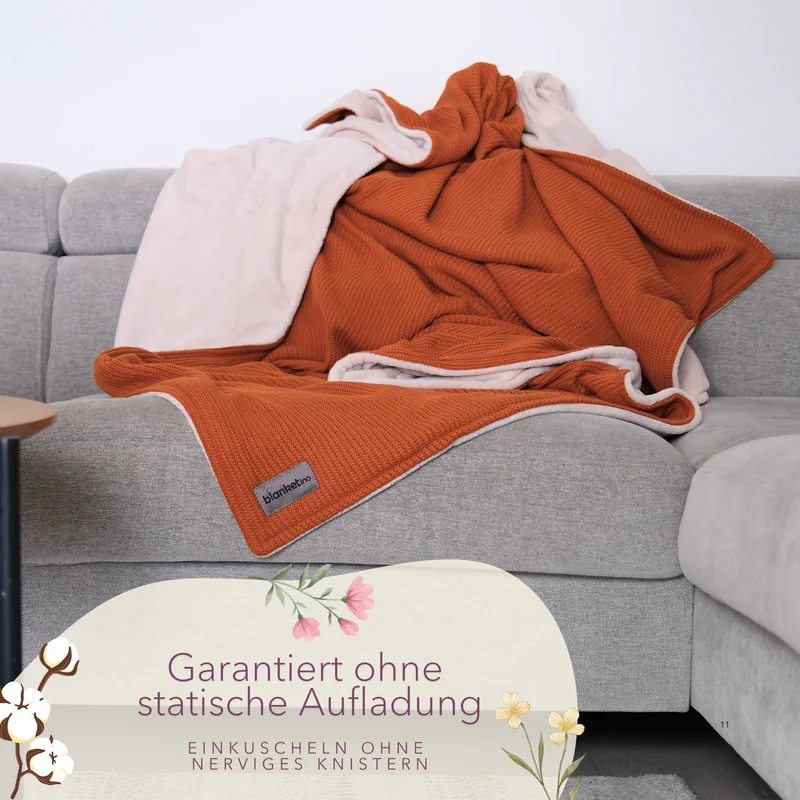 Kuscheldecke mit Baumwollstrick · Cognac·Beige