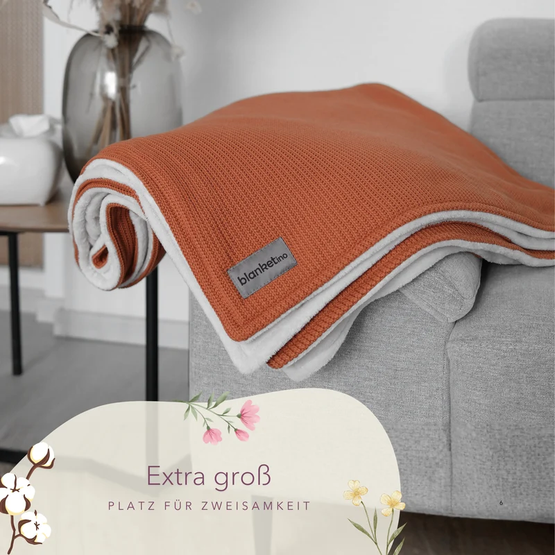Kuscheldecke mit Baumwollstrick · Cognac·Beige