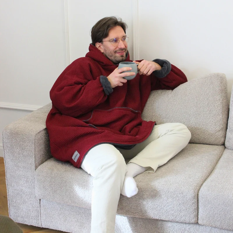 Kuschel-Hoodie mit Kapuze • Weinrot • Stahlgrau