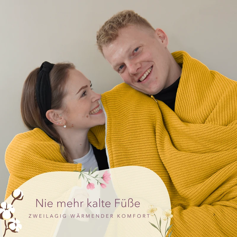 Kuscheldecke mit Baumwollstrick · Sonnengelb