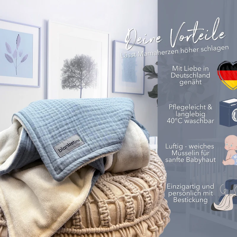 Musselin Babydecke mit Namen - 70 x 100 cm • Morgenblau