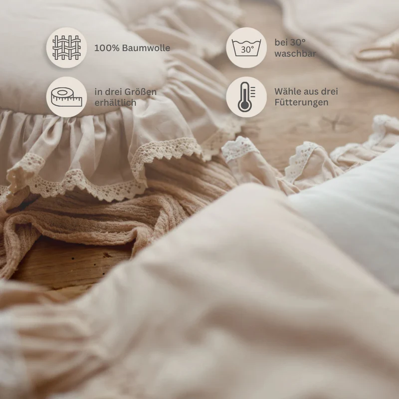 Premium Babyschlafsack ROMANTIC mit Rüschen & weißer Spitze | Baumwolle