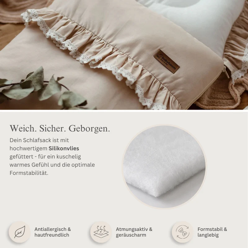 Premium Babyschlafsack ROMANTIC mit Rüschen & weißer Spitze | Baumwolle