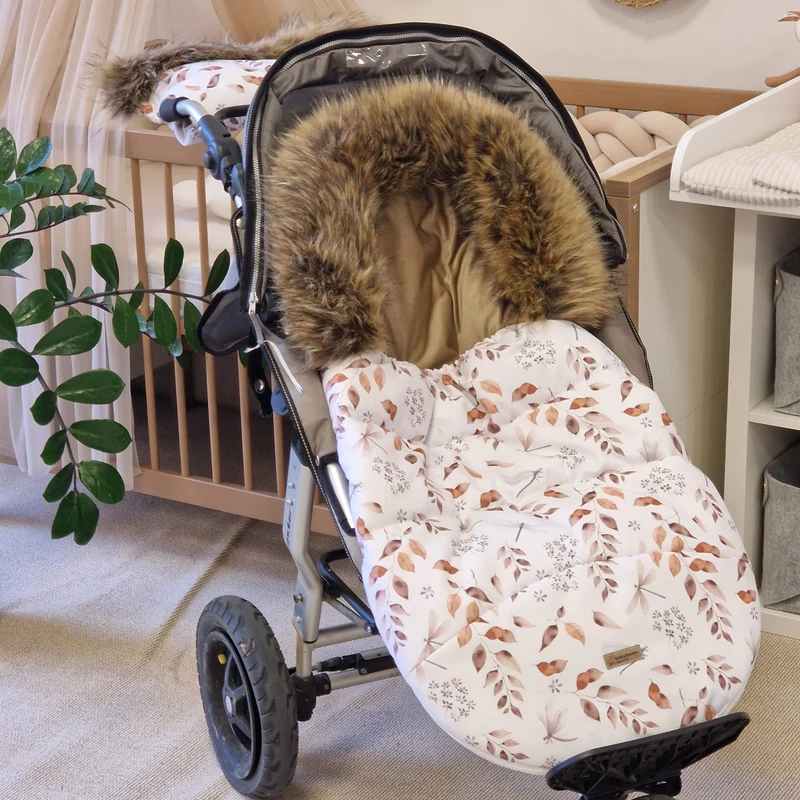 Winterfußsack mit Handmuff ESKIMO | Herbstblätter & Samt Cappuccino