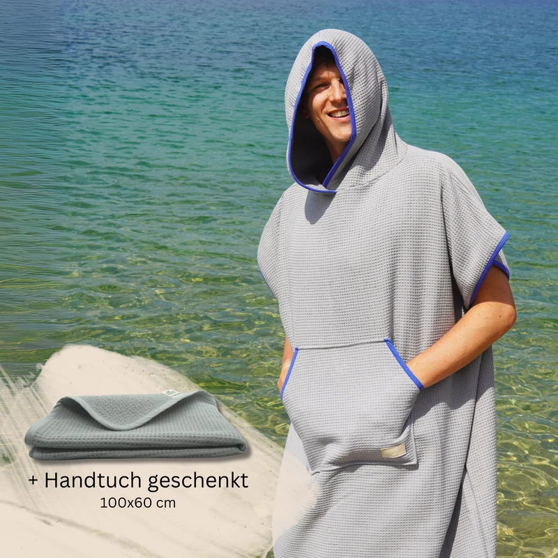Poncho für Strand und Sauna • Steingrau • mit blauem Akzent