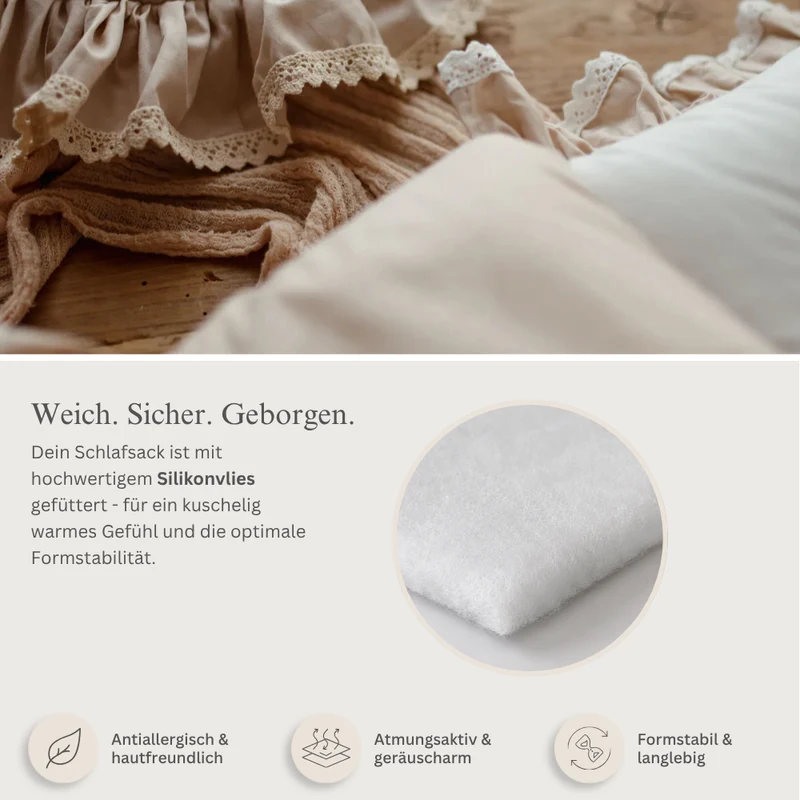Flacher Schlafsack ROMANTIC mit Rüschen und weißer Spitze | Baumwolle
